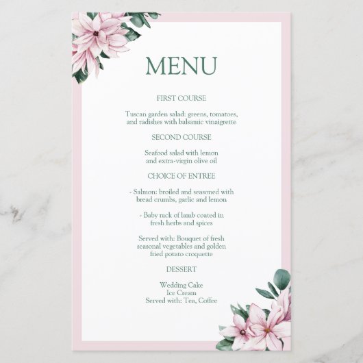 Elegant Dusty Pink Waterverf Magnolia Menu (Voorkant)