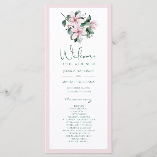 Elegant Dusty Pink Waterverf Magnolia Wedding Programmakaart (Voorkant)