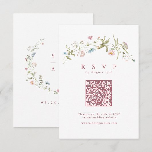 Elegant Dusty Pink Wildflower Rustic Boho QR-code RSVP Kaartje (Voorkant / Achterkant)