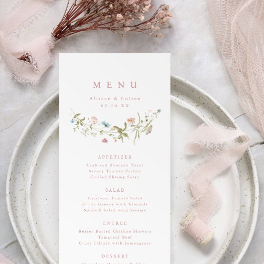 Elegant Dusty Pink Wildflower Rustic Boho Wedding Menu