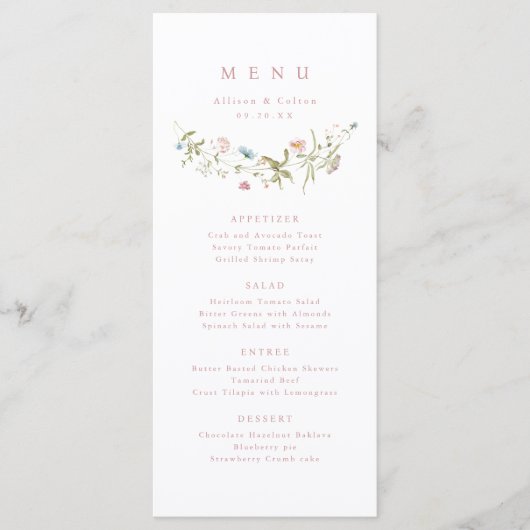 Elegant Dusty Pink Wildflower Rustic Boho Wedding Menu (Voorkant)