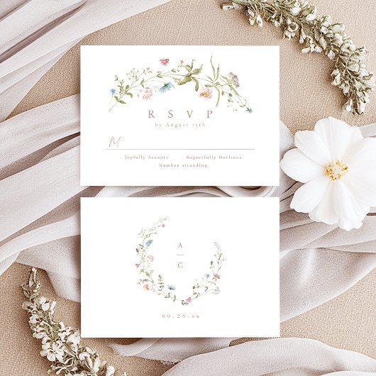 Elegant Dusty Pink Wildflower Rustic Boho Wedding RSVP Kaartje