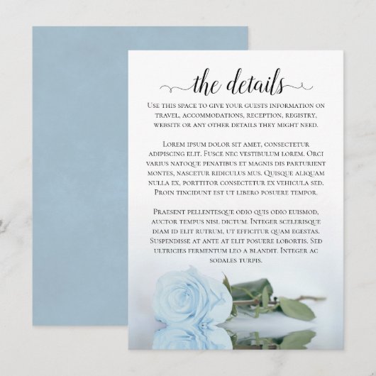 Elegant Dusty Powder Blue Roos Wedding Details Informatiekaartje (Voorkant / Achterkant)