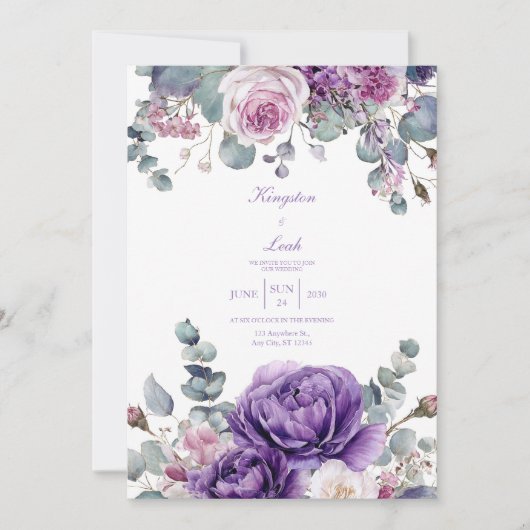 Elegant Dusty Purple Peony Eucalyptus Gold Kaart (Voorkant)