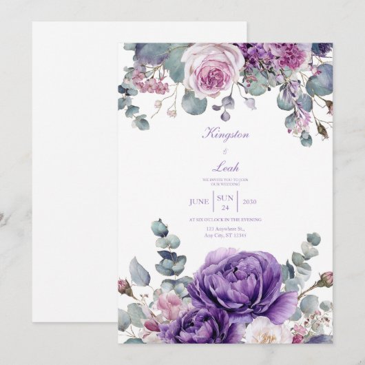 Elegant Dusty Purple Peony Eucalyptus Gold Kaart (Voorkant / Achterkant)