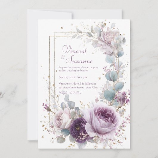 Elegant Dusty Purple Rose Eucalyptus Gold Glitter Kaart (Voorkant)