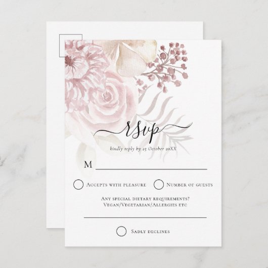 Elegant Dusty Roos Bloemen Bruiloft RSVP Uitnodiging Briefkaart (Voorkant / Achterkant)