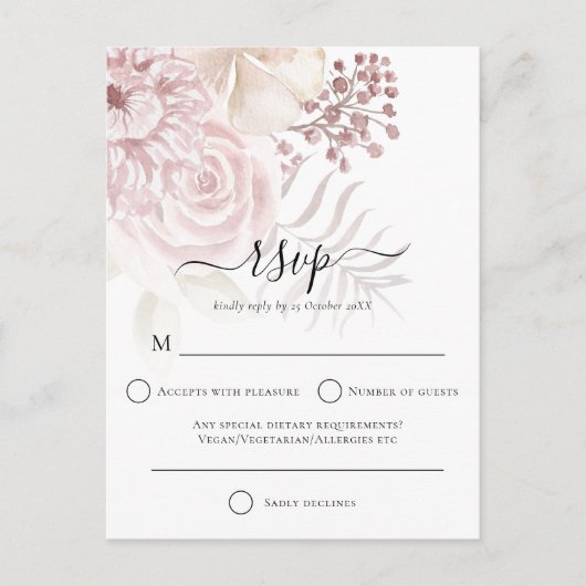 Elegant Dusty Roos Bloemen Bruiloft RSVP Uitnodiging Briefkaart (Voorkant)