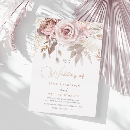 Elegant Dusty Roos Blush Spring Wedding Roos Gold Folie Uitnodiging