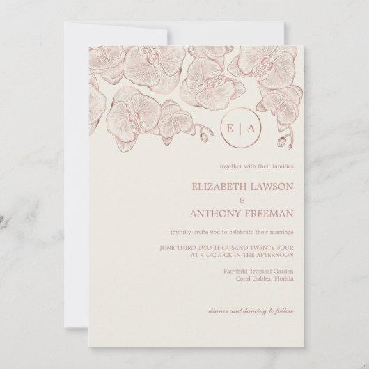 Elegant Dusty Roos Botanical Orchid Sketch Wedch W Kaart (Voorkant)