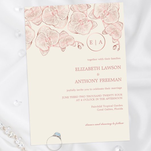 Elegant Dusty Roos Botanical Orchid Sketch Wedch W Kaart