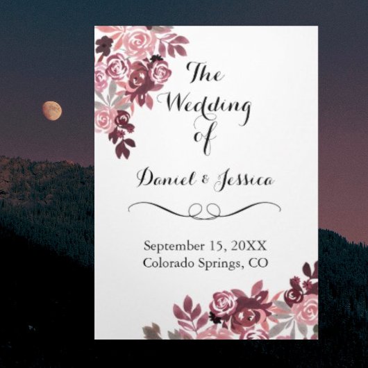Elegant Dusty Roos Burgundy Floral Wedding Program Drieluik Programma