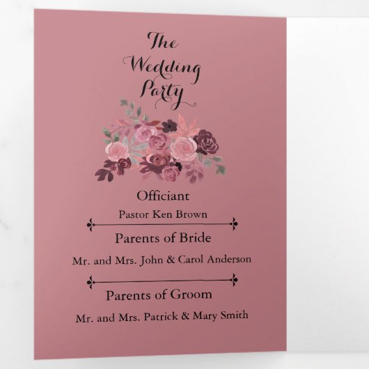 Elegant Dusty Roos Burgundy Floral Wedding Program Drieluik Programma (Binnenzijde eerst)