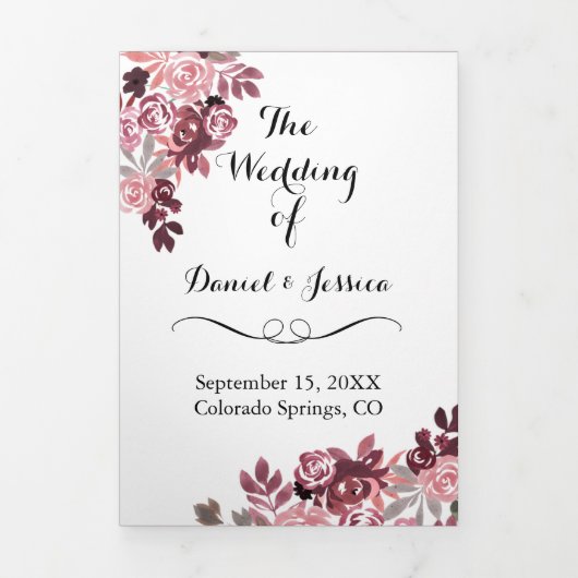 Elegant Dusty Roos Burgundy Floral Wedding Program Drieluik Programma (Cover)