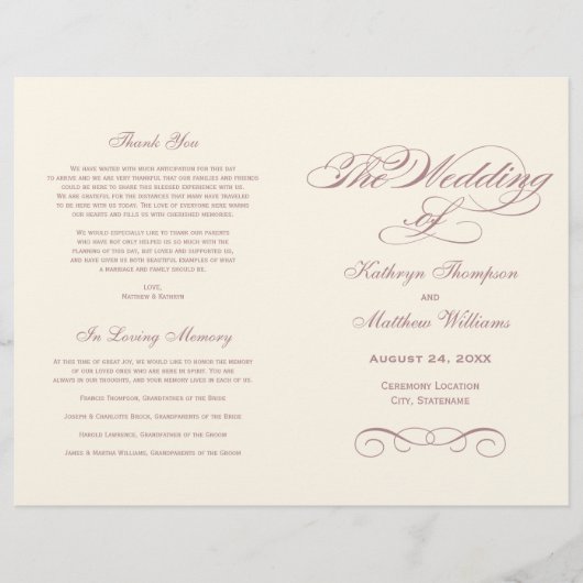 Elegant Dusty Roos Calligraphy Wedding Programs (Voorkant)
