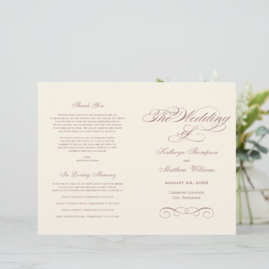 Elegant Dusty Roos Calligraphy Wedding Programs (Staand voorkant)