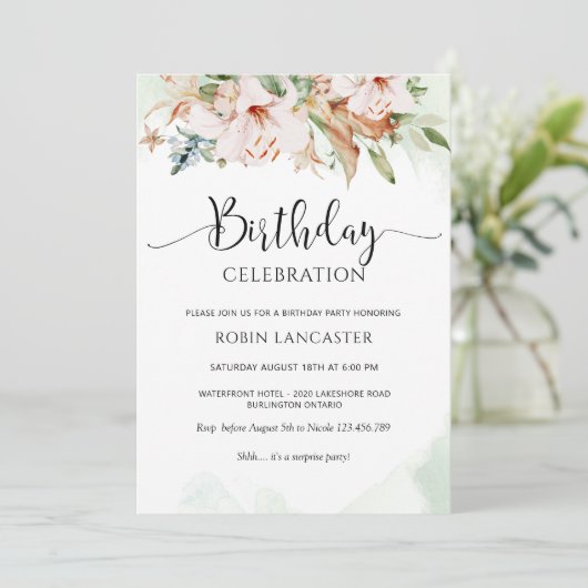  Elegant Dusty Roos en Green Floral Birthday Kaart (Staand voorkant)