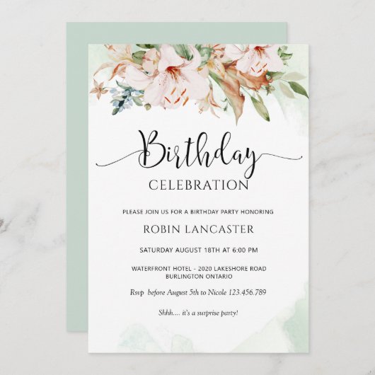Elegant Dusty Roos en Green Floral Birthday Kaart (Voorkant / Achterkant)