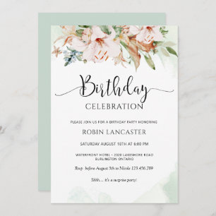  Elegant Dusty Roos en Green Floral Birthday Kaart