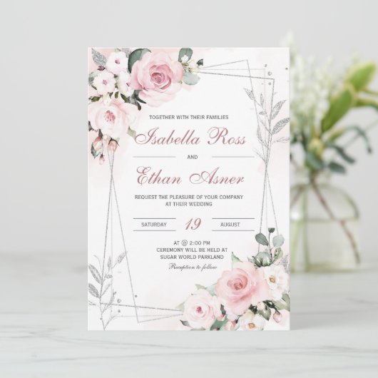 Elegant Dusty Roos en Grey Wedding Invitations Kaart (Staand voorkant)