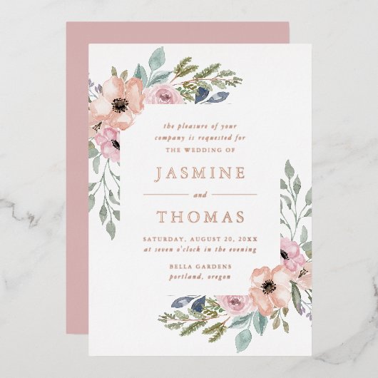 Elegant Dusty Roos en Peach Floral Wedding Folie Uitnodiging (Voorkant / Achterkant)