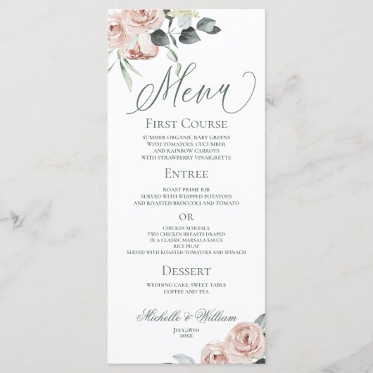 Elegant Dusty Roos Eucalyptus Wedding Menu (Voorkant)
