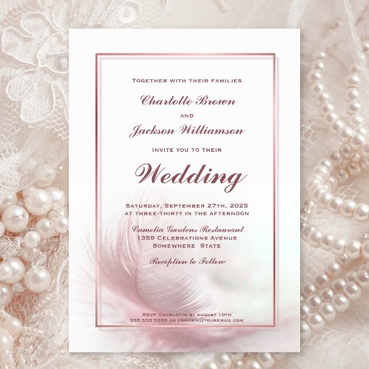 Elegant Dusty Roos Feather Wedding met RSVP Kaart