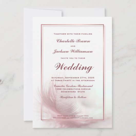 Elegant Dusty Roos Feather Wedding met RSVP Kaart (Voorkant)