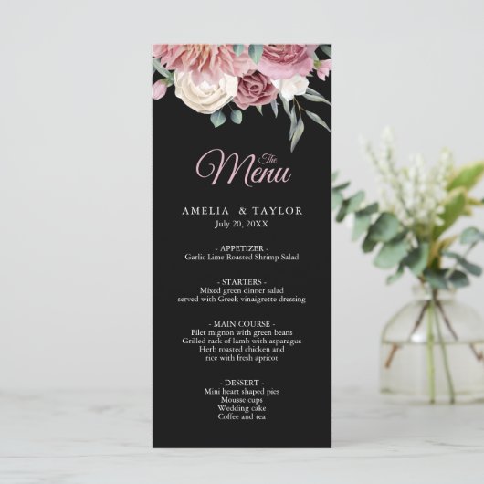 Elegant Dusty Roos Floral Black Wedding Menu (Staand voorkant)