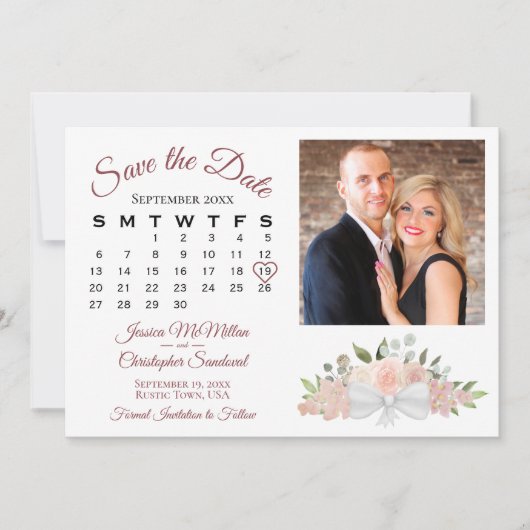 Elegant Dusty Roos Floral Calendar Photo Wedding Save The Date (Voorkant)