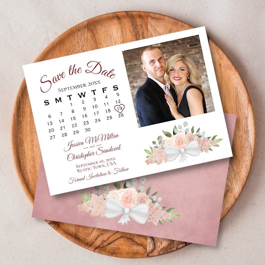 Elegant Dusty Roos Floral Calendar Photo Wedding Save The Date