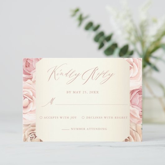 Elegant Dusty Roos Floral Calligraphy Wedding RSVP (Staand voorkant)
