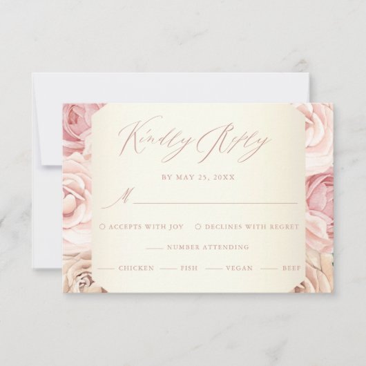 Elegant Dusty Roos Floral Calligraphy Wedding RSVP Kaartje (Voorkant)