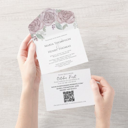 Elegant Dusty Roos Floral QR Code Weddenschap Budg All In One Uitnodiging (Afscheurbaar)
