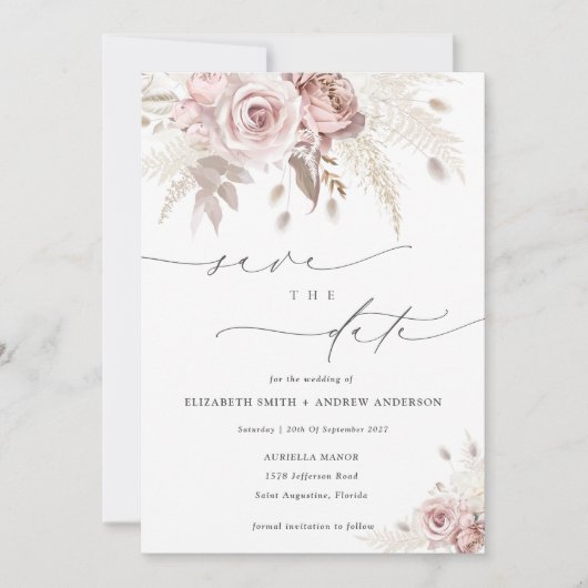 Elegant Dusty Roos Floral Save the Date Kaart (Voorkant)