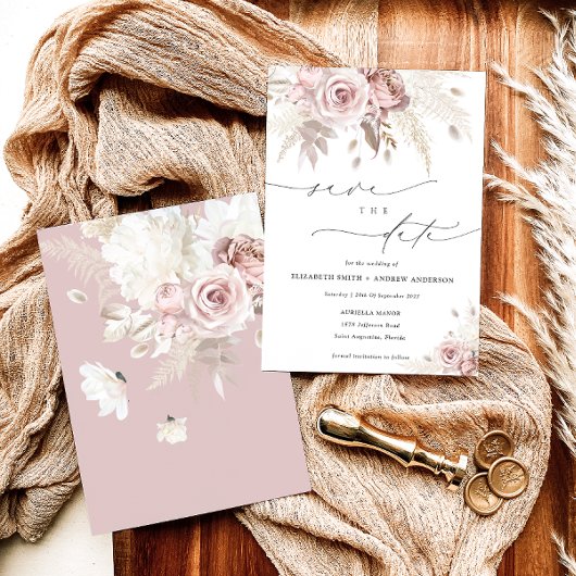 Elegant Dusty Roos Floral Save the Date Kaart