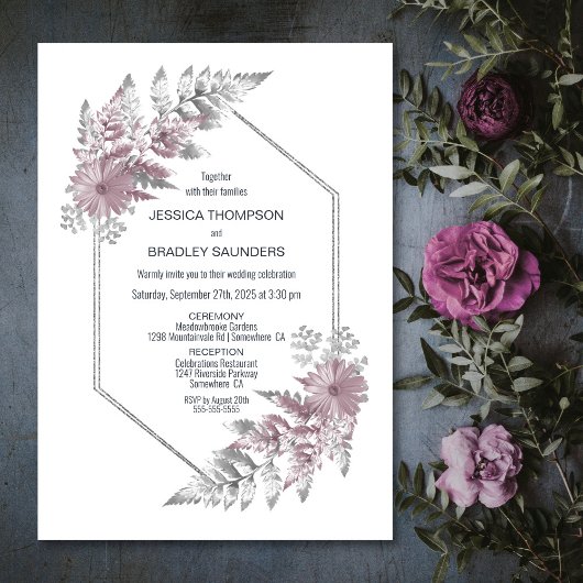 Elegant Dusty Roos Gray Botanical Wedding Kaart