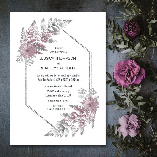 Elegant Dusty Roos Gray Botanical Wedding Kaart