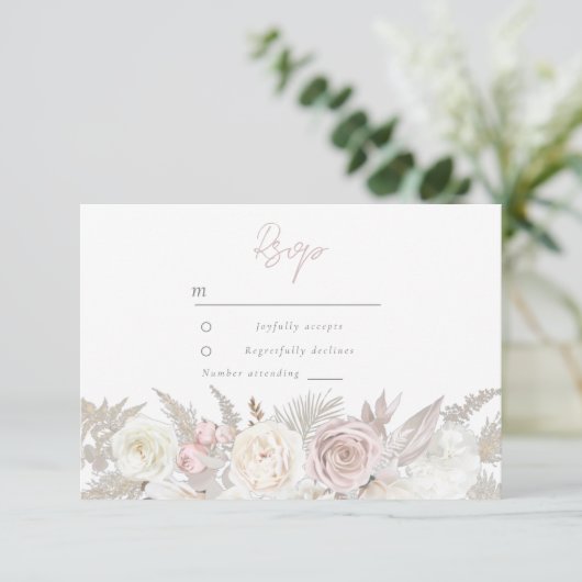 Elegant Dusty Roos & Ivory White Floral Wedding RSVP Kaartje (Staand voorkant)