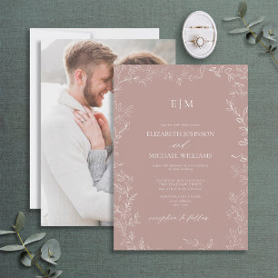 Elegant Dusty Roos Leaf Photo Monogram Weddenschap Kaart