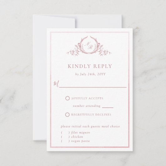 Elegant Dusty Roos Monogram met Waterverf RSVP (Voorkant)