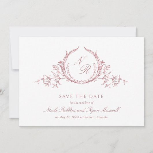 Elegant Dusty Roos Monogram Weddenschap Calligrafi Save The Date (Voorkant)