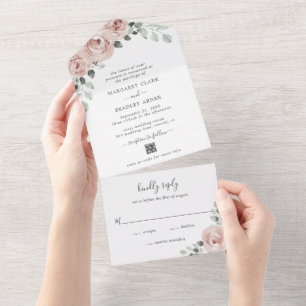 Elegant Dusty Roos Pink Floral QR Code Weddenschap All In One Uitnodiging