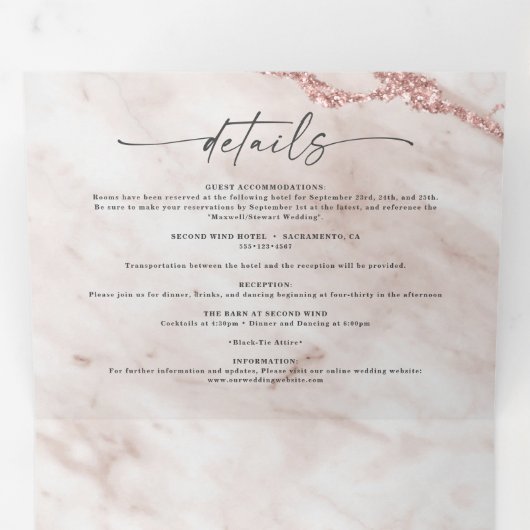 Elegant Dusty Roos Pink Metallic Marmer Wedding Drieluik Uitnodiging (Binnenzijde eerst)