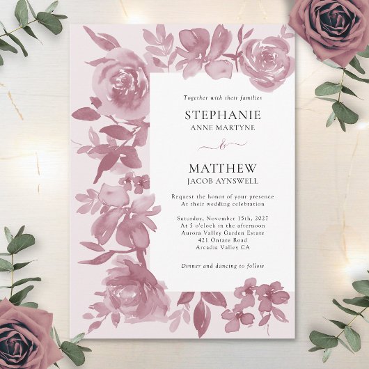 Elegant Dusty Roos Waterverf Floral Wedding Kaart
