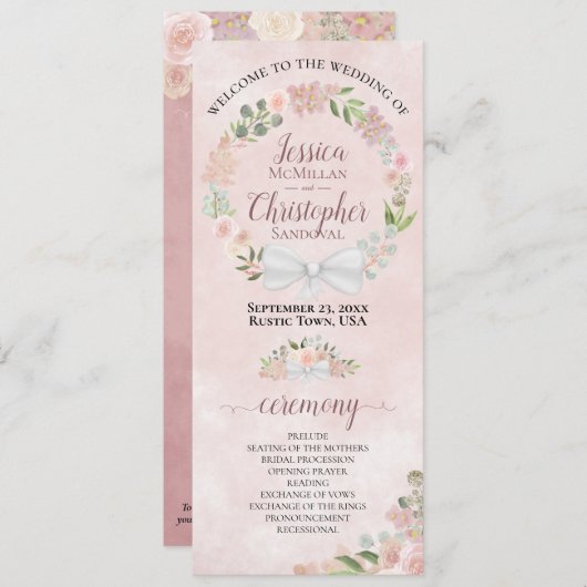 Elegant Dusty Roos Waterverf Krans Bruiloft Programmakaart (Voorkant / Achterkant)