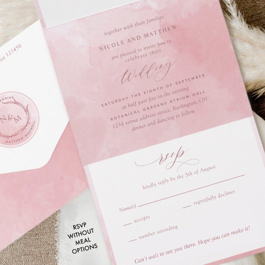 Elegant Dusty Roos Waterverf Monogram Weddenschap All In One Uitnodiging