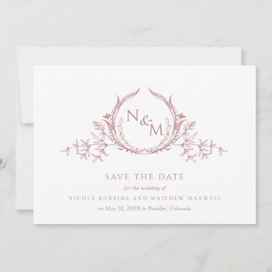 Elegant Dusty Roos Waterverf Monogram Weddenschap Save The Date (Voorkant)