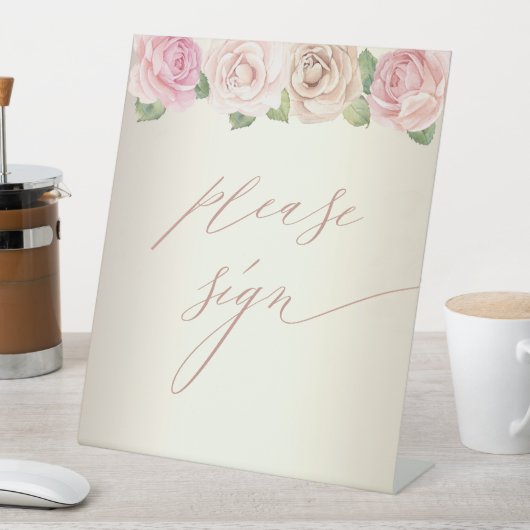 Elegant Dusty Roos Waterverf Wedding Guestbook Reclamebord Met Voetstuk (Insitu)