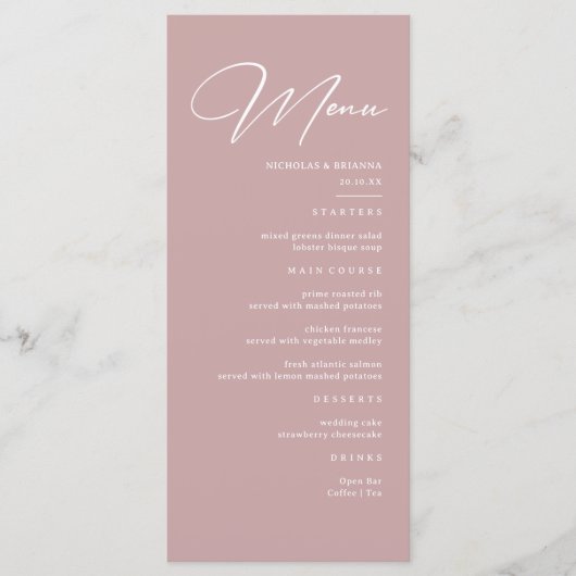 Elegant Dusty Roos Wedding Menu (Voorkant)